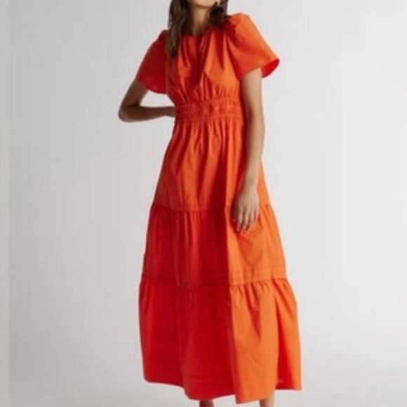 Quince Maxi Dress Vermillion Red Orange Cotton Poplin Tiered Womens Size Small - Picture 3 of 3
